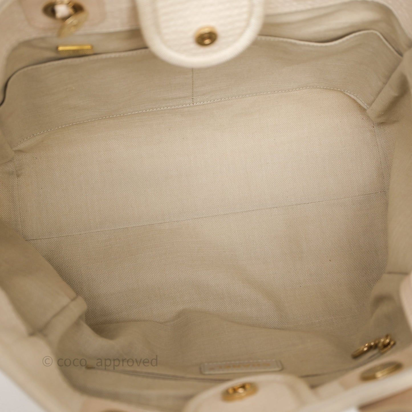 Chanel New Small Deauville Cream Ivory Canvas Light Gold Hardware