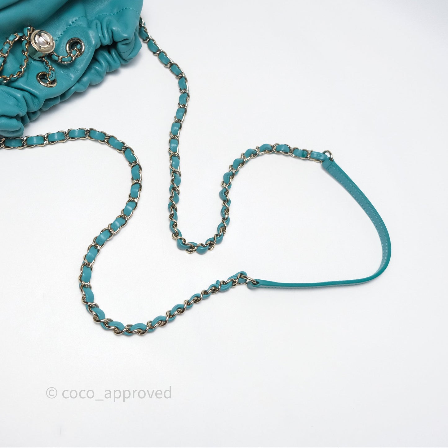 Chanel Pearl CC Drawstring Bucket Bag Teal Green Lambskin Gold Hardware