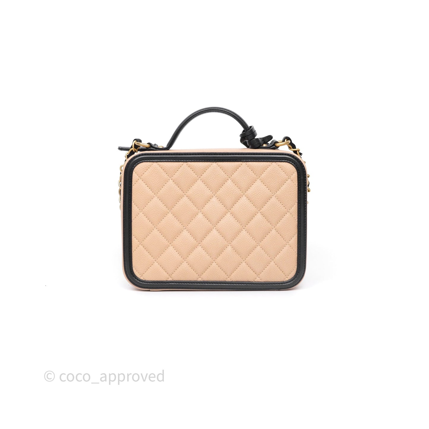 Chanel Quilted Medium CC Filigree Vanity Case Beige Black Caviar Aged Gold Hardware