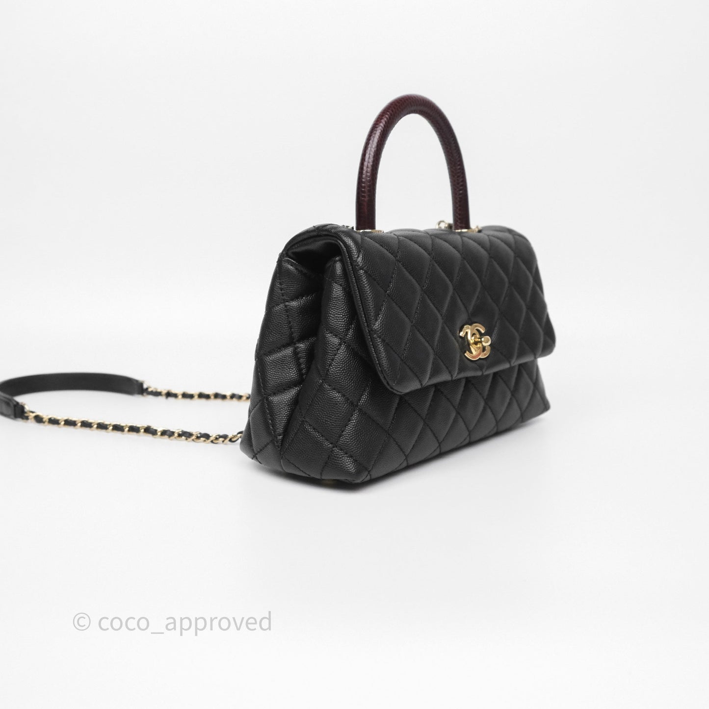 Chanel Small Coco Handle Quilted Black Caviar Gold Hardware Lizard Handle