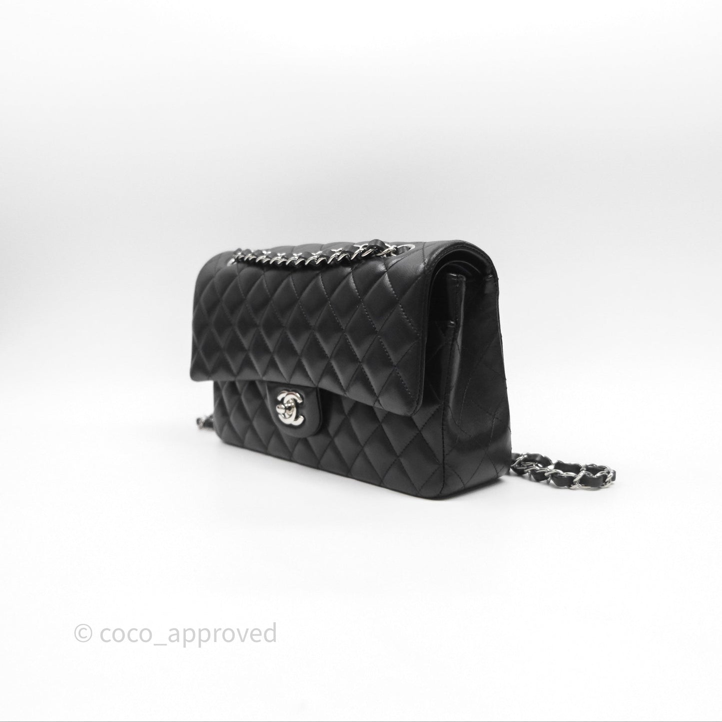 Chanel Classic M/L Medium Flap Quilted Black Lambskin Silver Hardware