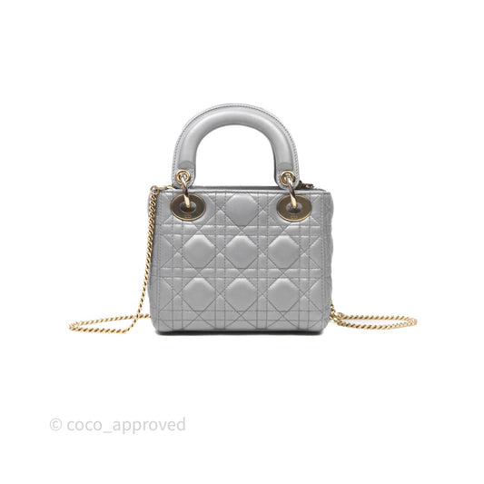 Christian Dior Mini Lady Dior Iridescent Grey Lambskin Cannage Gold Hardware