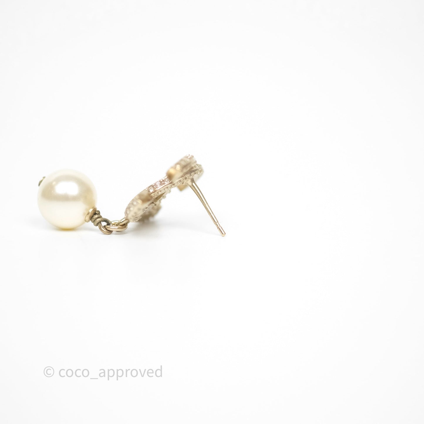 Chanel Crystal CC Pearl Drop Earrings Gold Tone 19V