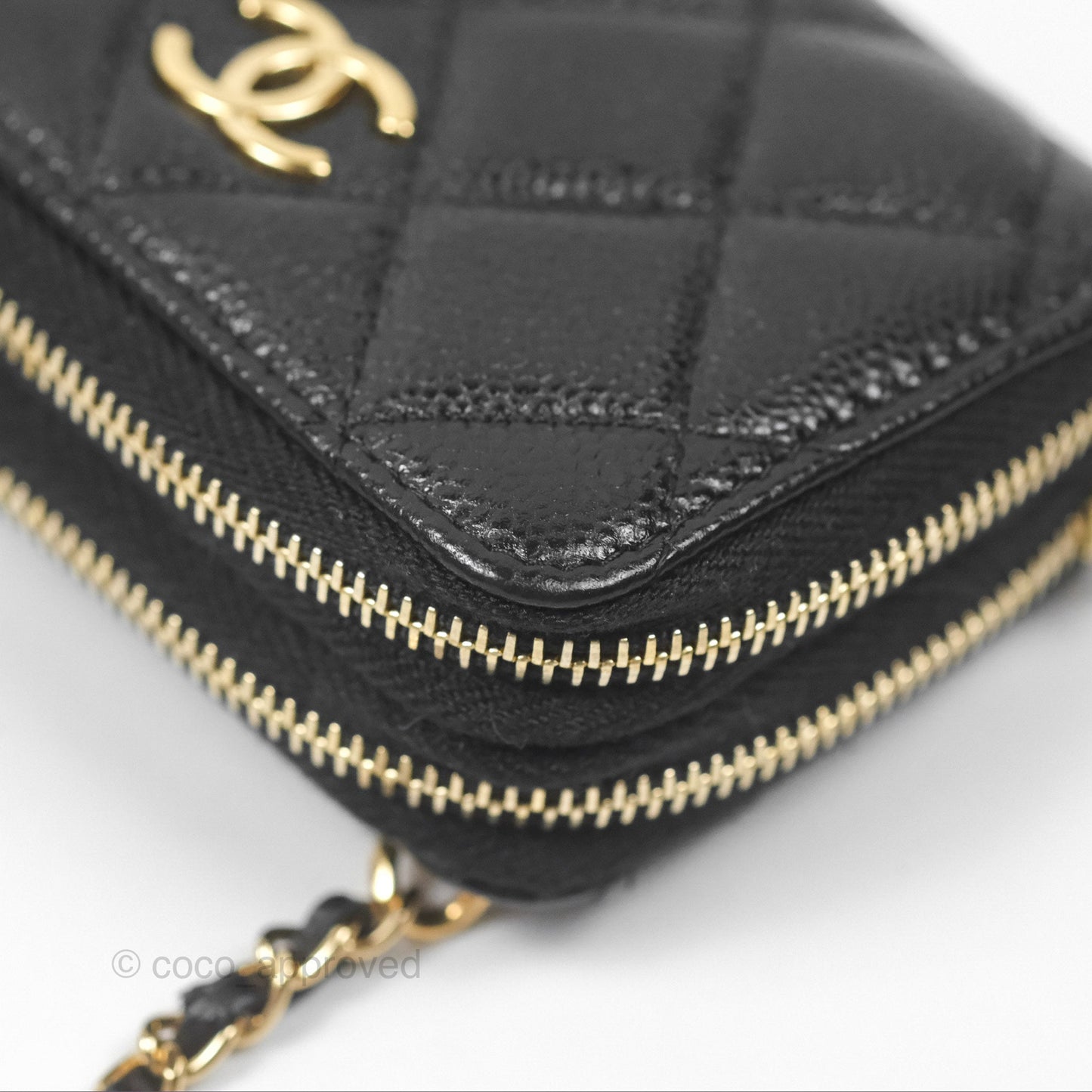 Chanel Miss Coco Quilted Zip Card Holder on Chain Black Caviar Gold Hardware