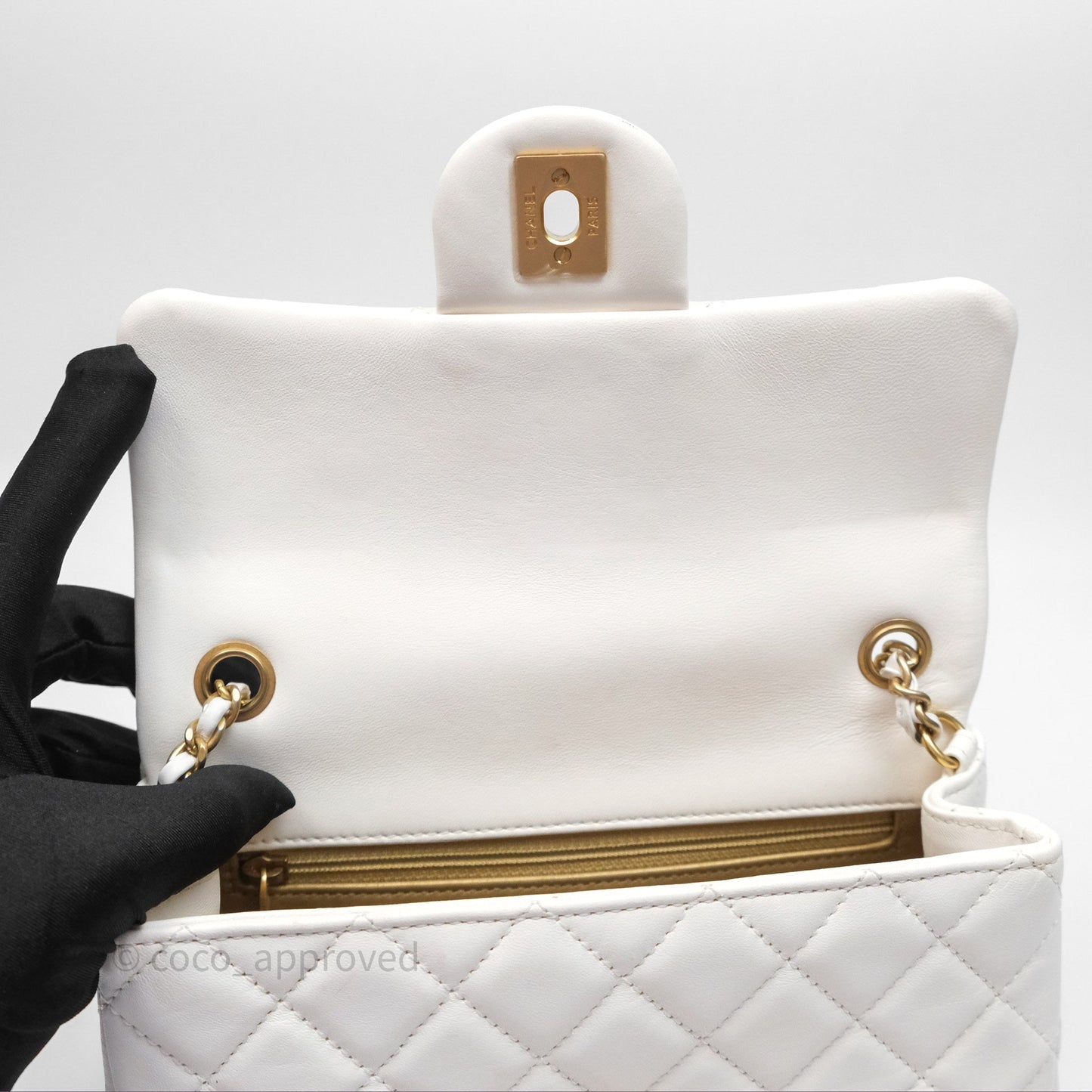 Chanel Mini Rectangular Pearl Crush Quilted White Lambskin Aged Gold Hardware