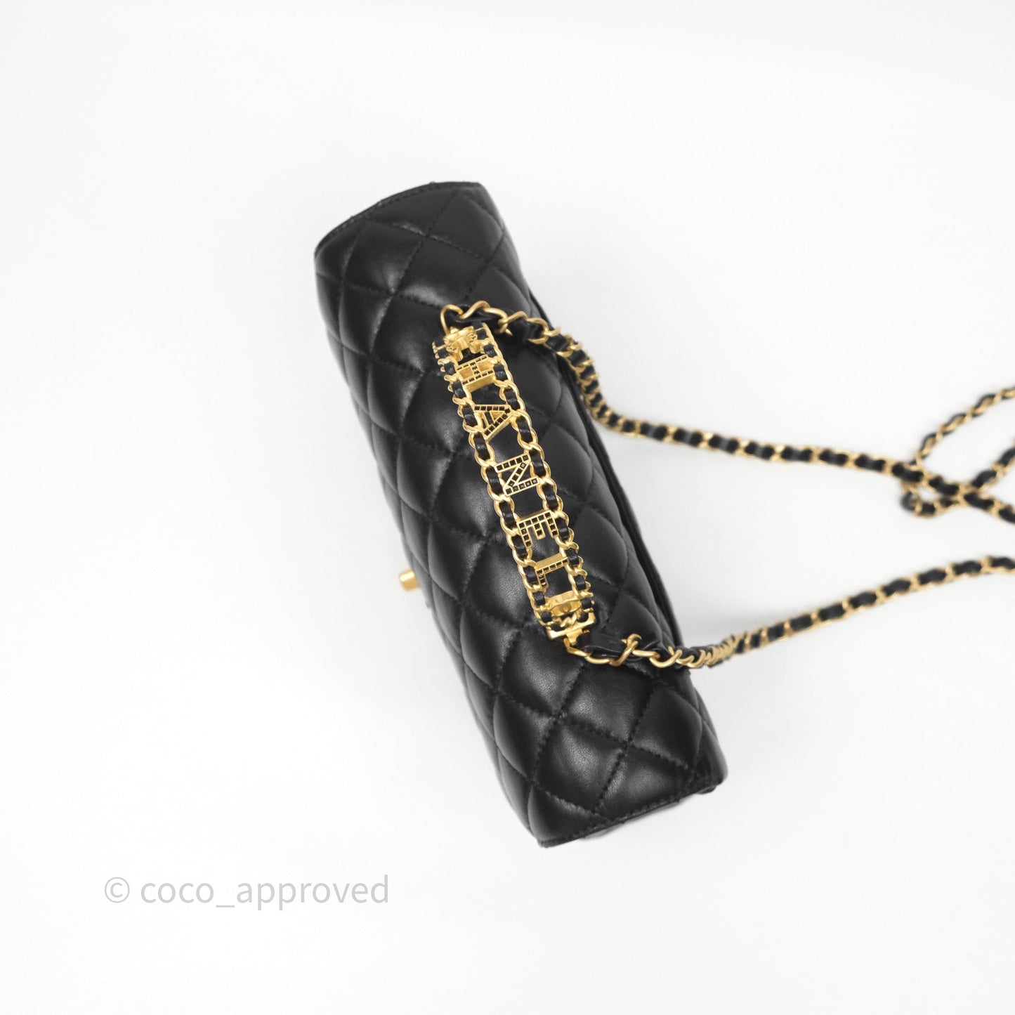 Chanel Logo Top Handle Small Flap Bag Black Lambskin Gold Hardware 24C