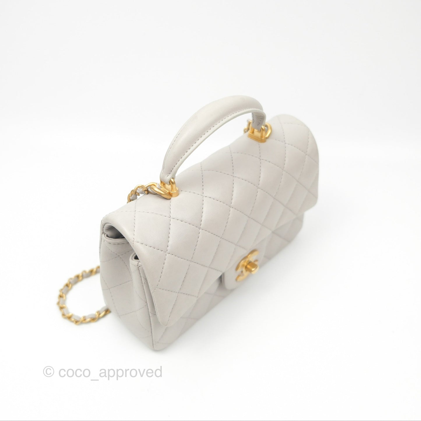 Chanel Top Handle Mini Rectangular Flap Bag Light Grey Lambskin Aged Gold Hardware