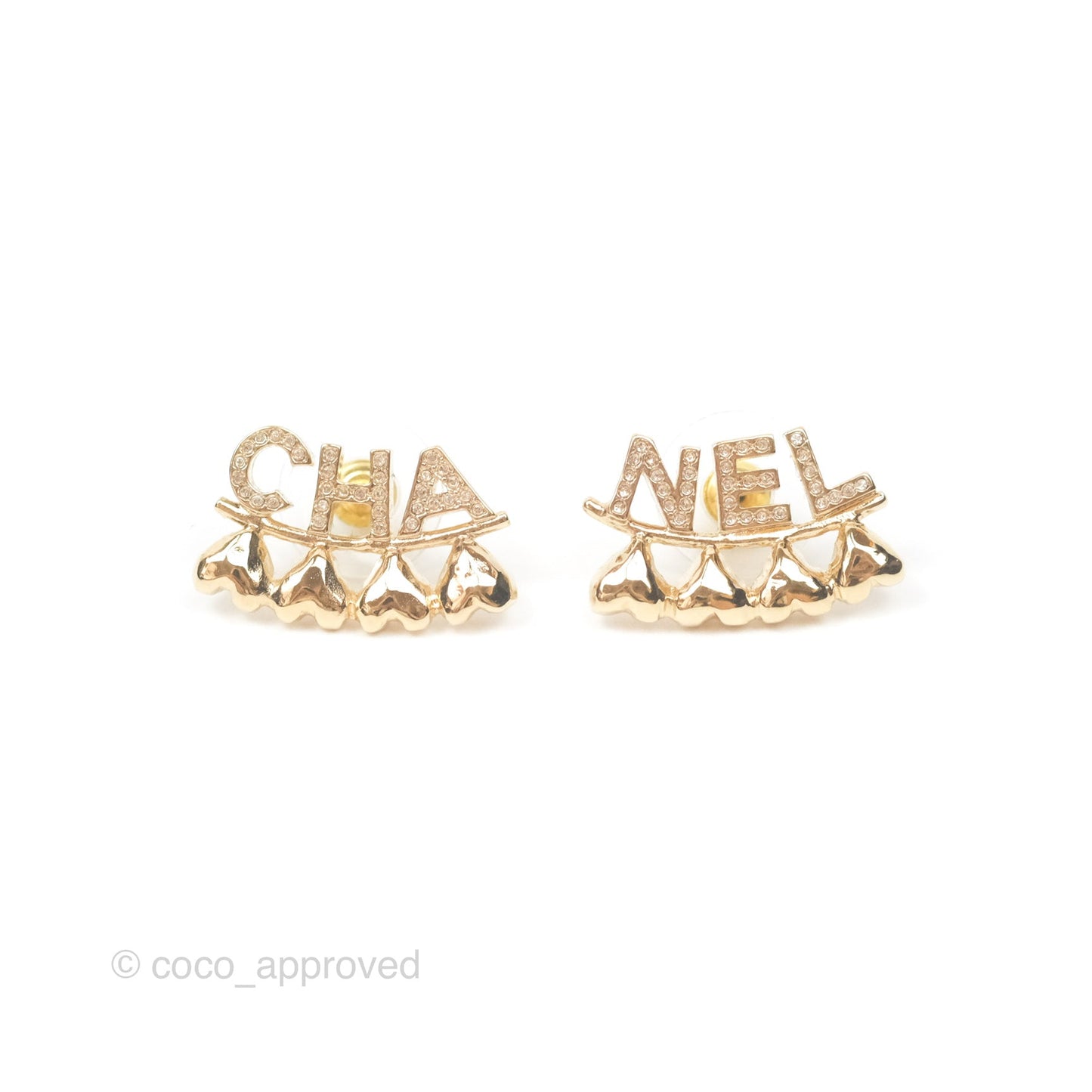 Chanel Crystal CHA-NEL Heart Earrings Gold Tone 23P