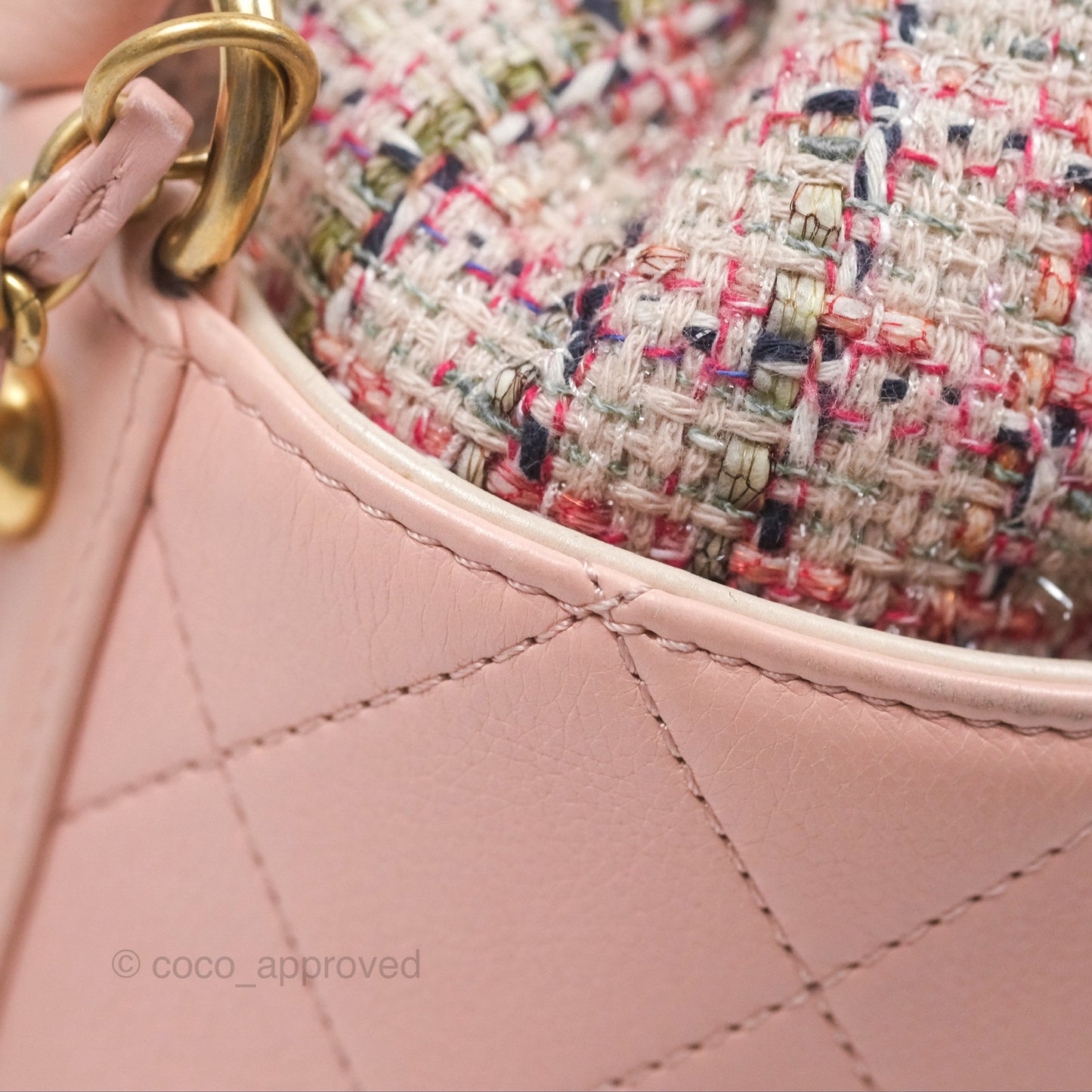Chanel Quilted Top Handle Drawstring Bucket Bag Calfskin Tweed Pink Aged Gold Hardware