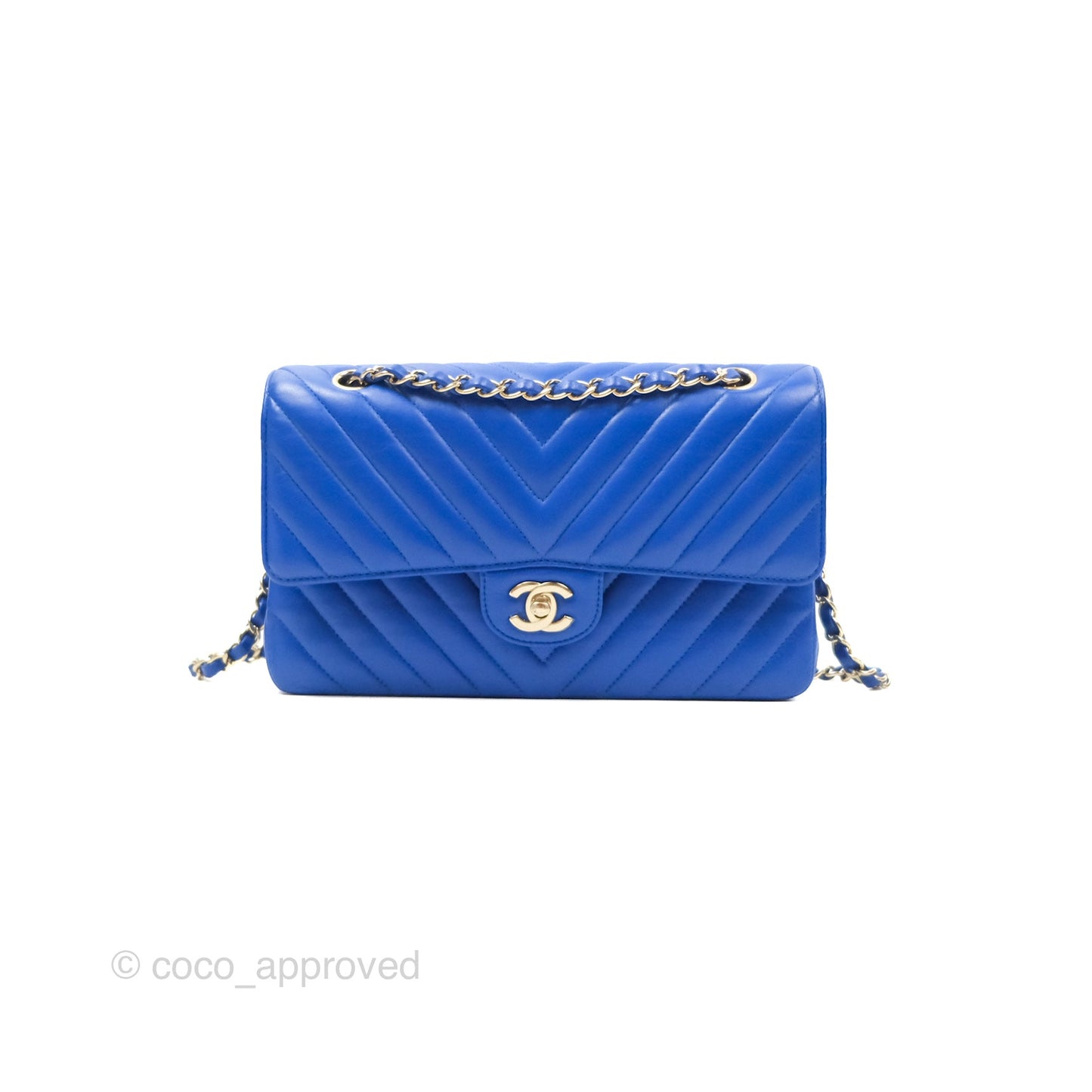 Chanel Medium Classic Flap Chevron Blue Lambskin Gold Hardware