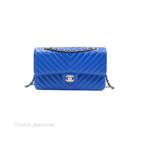 Chanel Medium Classic Flap Chevron Blue Lambskin Gold Hardware