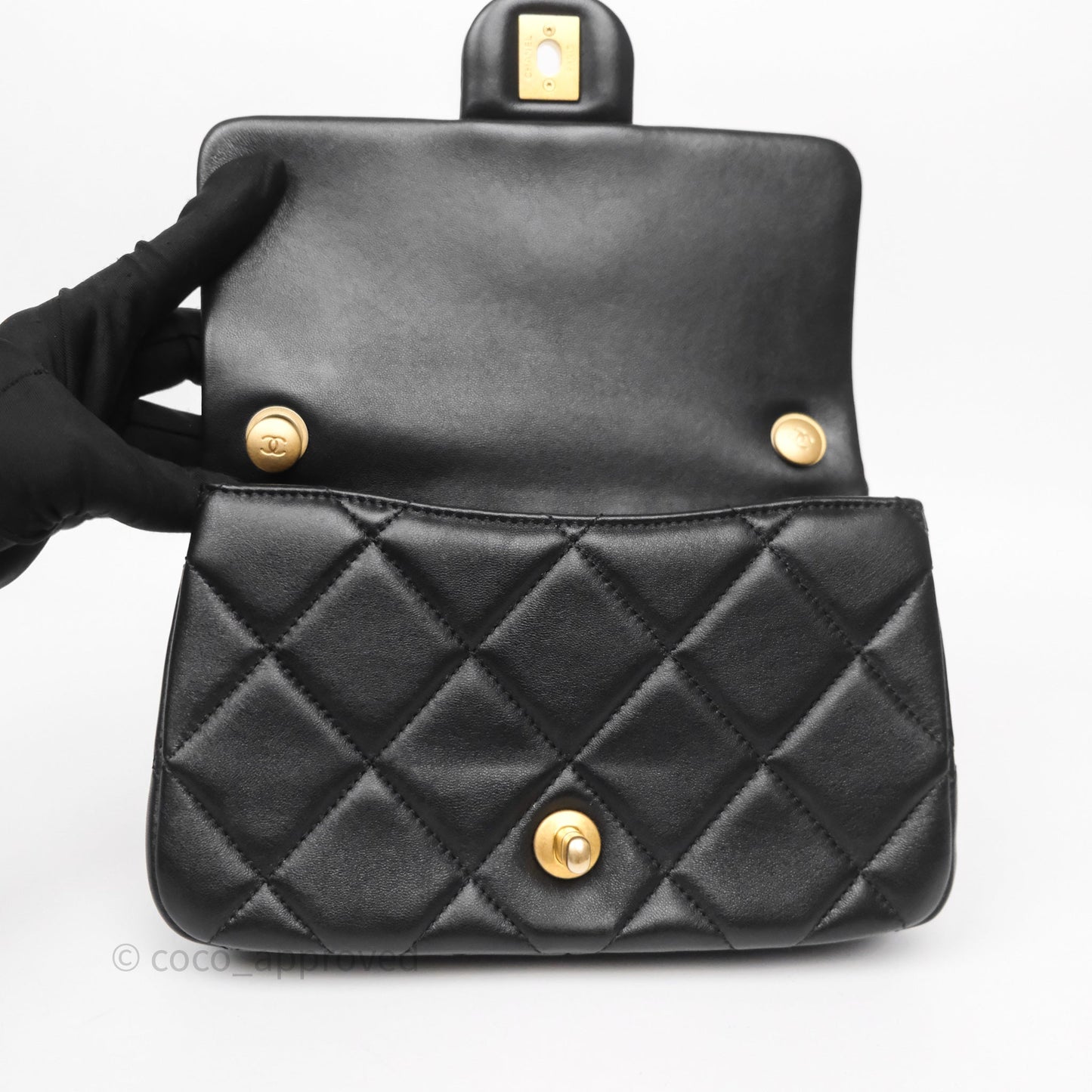 Chanel Quilted Flap Bag with Pearl Chain Black Calfskin Aged Gold Hardware