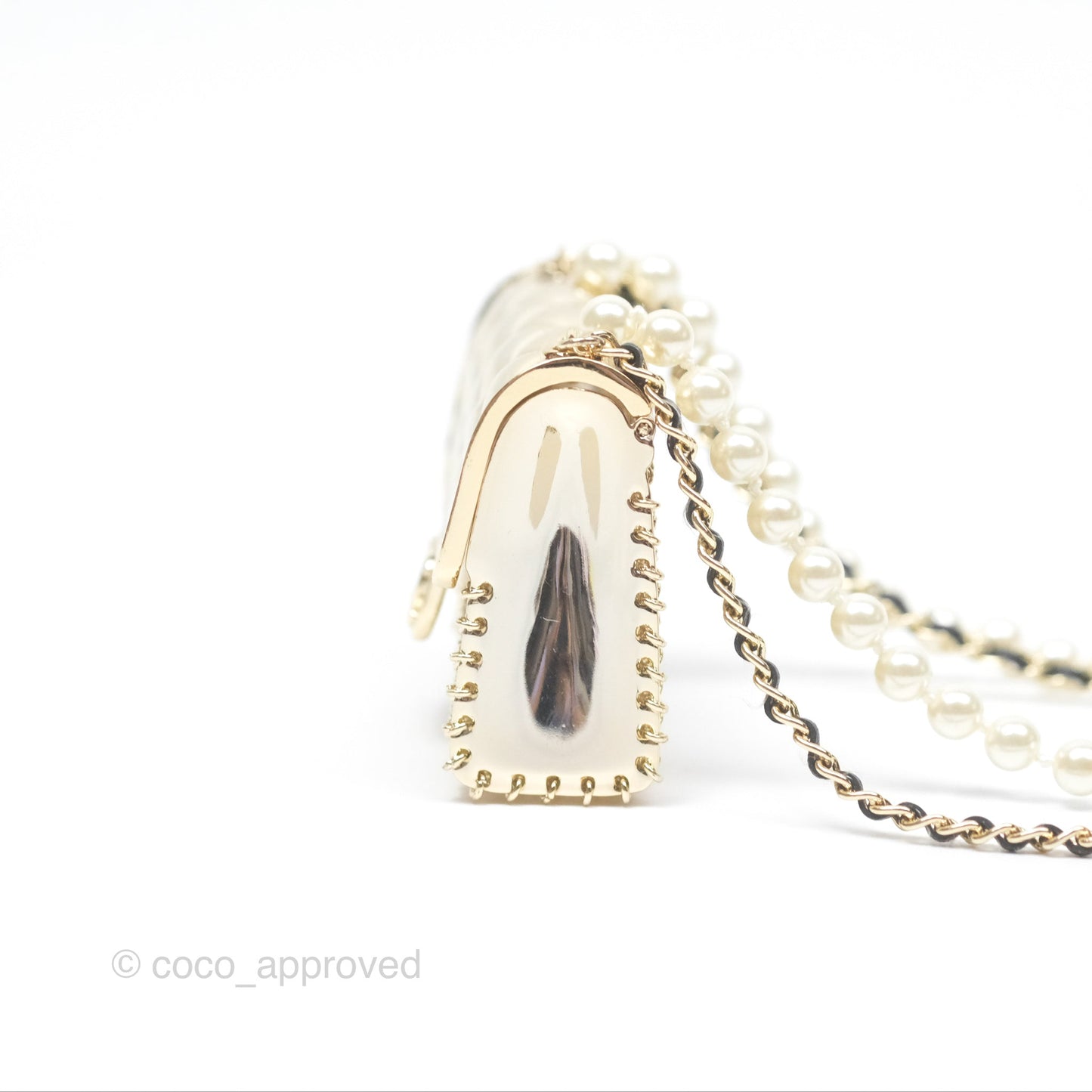 Chanel Flap Bag Charm Pearl Chain Black Leather Long Necklace Gold Tone 21S
