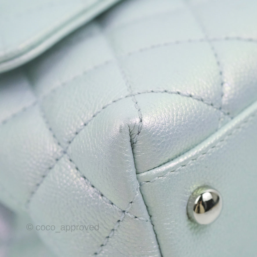 Chanel Small Coco Handle Quilted Iridescent Light Blue Caviar Rainbow Hardware