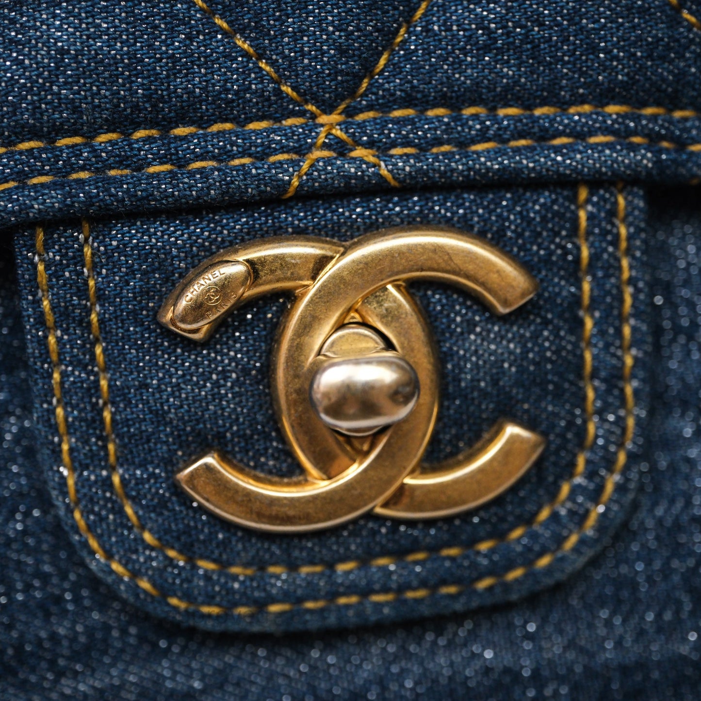 Chanel Square Flap Bag Denim Aged Gold Hardware