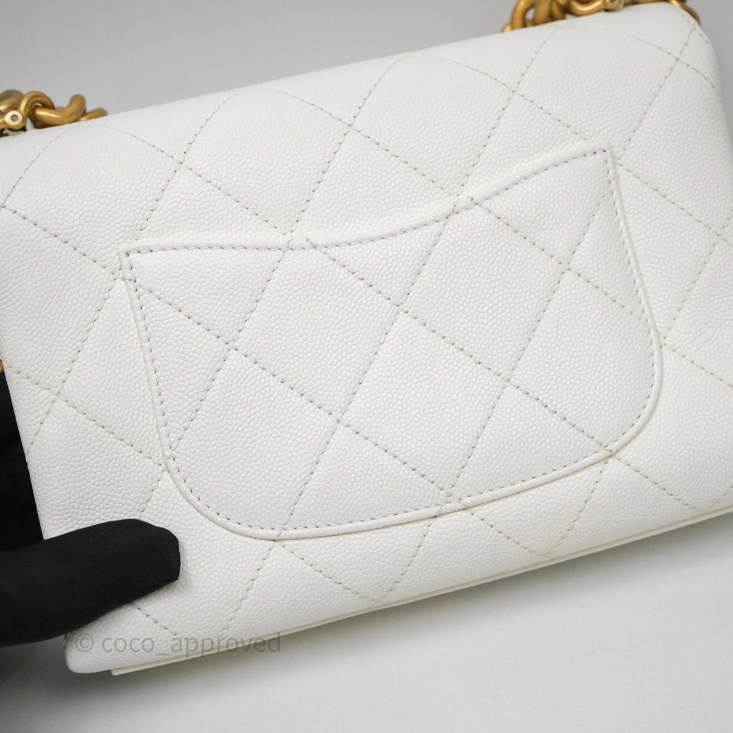 Chanel Bracelet On Chain Small Flap Bag White Caviar Aged Gold Hardware