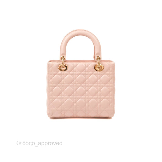 Christian Dior Medium Lady Dior Cannage Light Pink Lambskin Gold Hardware
