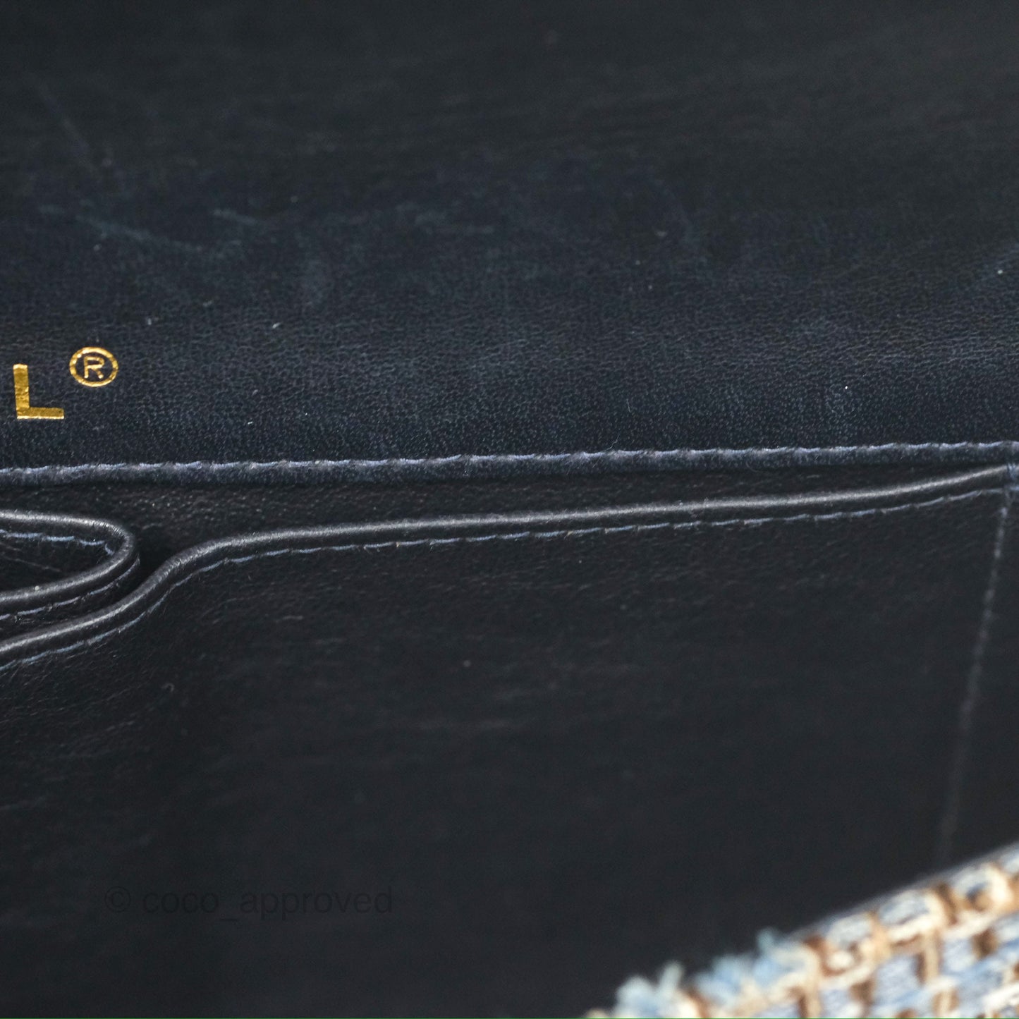 Chanel East West Chocolate Bar Flap Bag Grey Blue Tweed 24K Gold Hardware