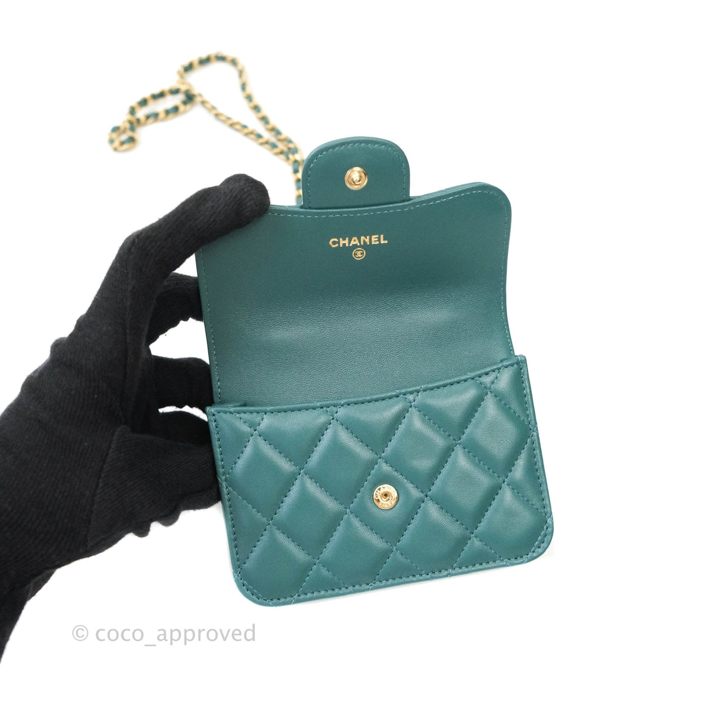 Chanel Flap Coin Purse With Chain Green Lambskin Aged Gold Hardware