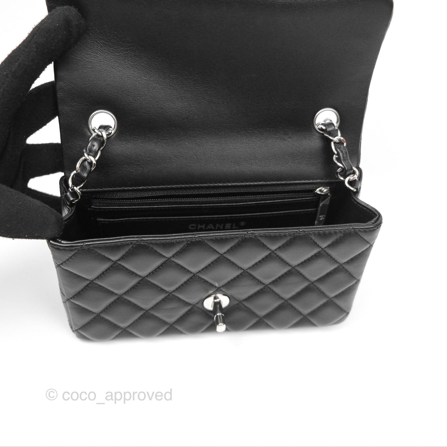 Chanel Quilted Mini Rectangular Black Lambskin Silver Hardware