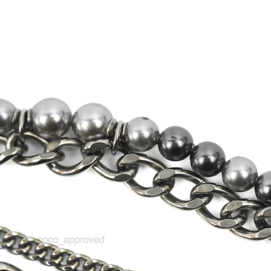 Chanel CC Pearl Bead Multi Strand Bracelet Gun Metal 15P