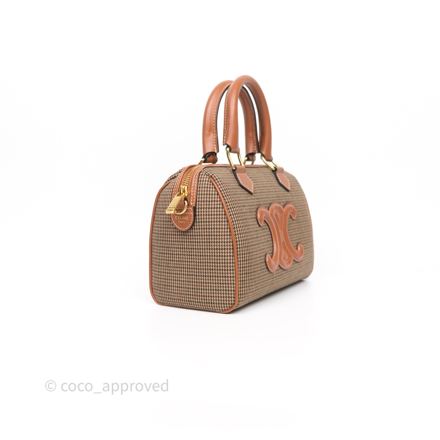 Celine Small Brown Houndstooth Boston Cuir Triomphe Tan Smooth Calfskin Bag