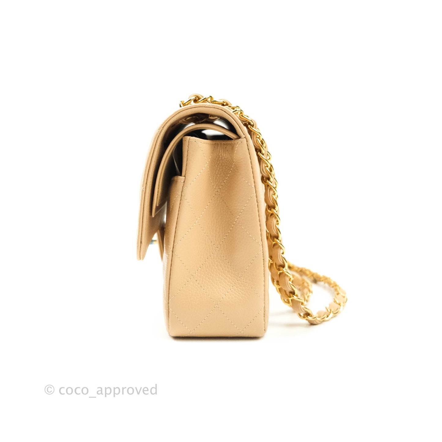 Chanel M/L Medium Quilted Caviar Double Flap Beige Gold Hardware