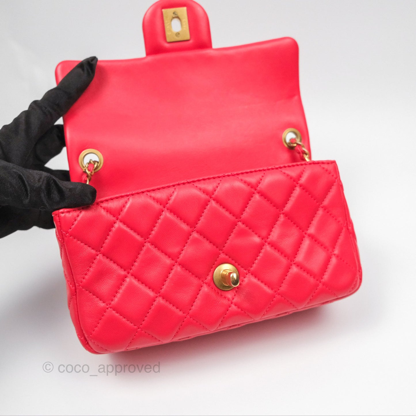 Chanel Mini Rectangular Pearl Crush Chilli Red Lambskin Aged Gold Hardware