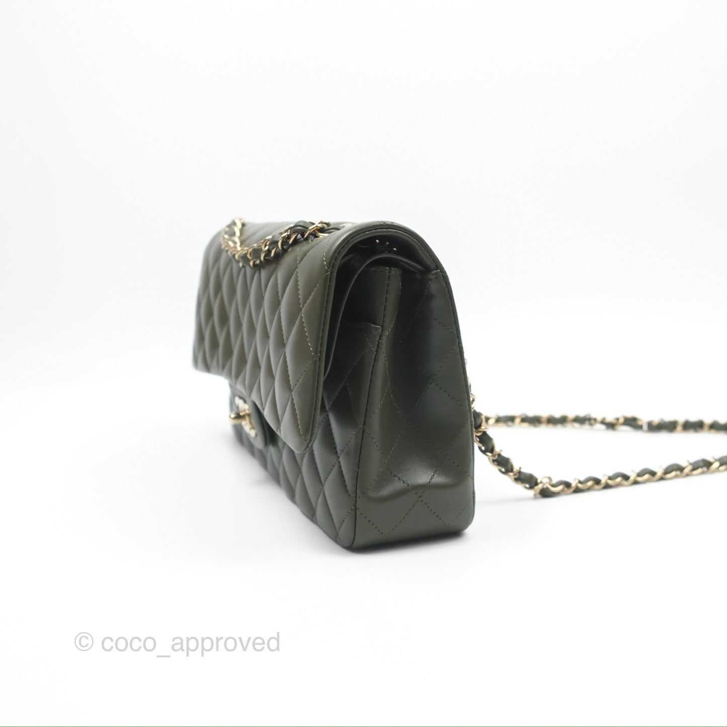 Chanel Classic M/L Medium Flap Quilted Lambskin Army Green Gold Hardware
