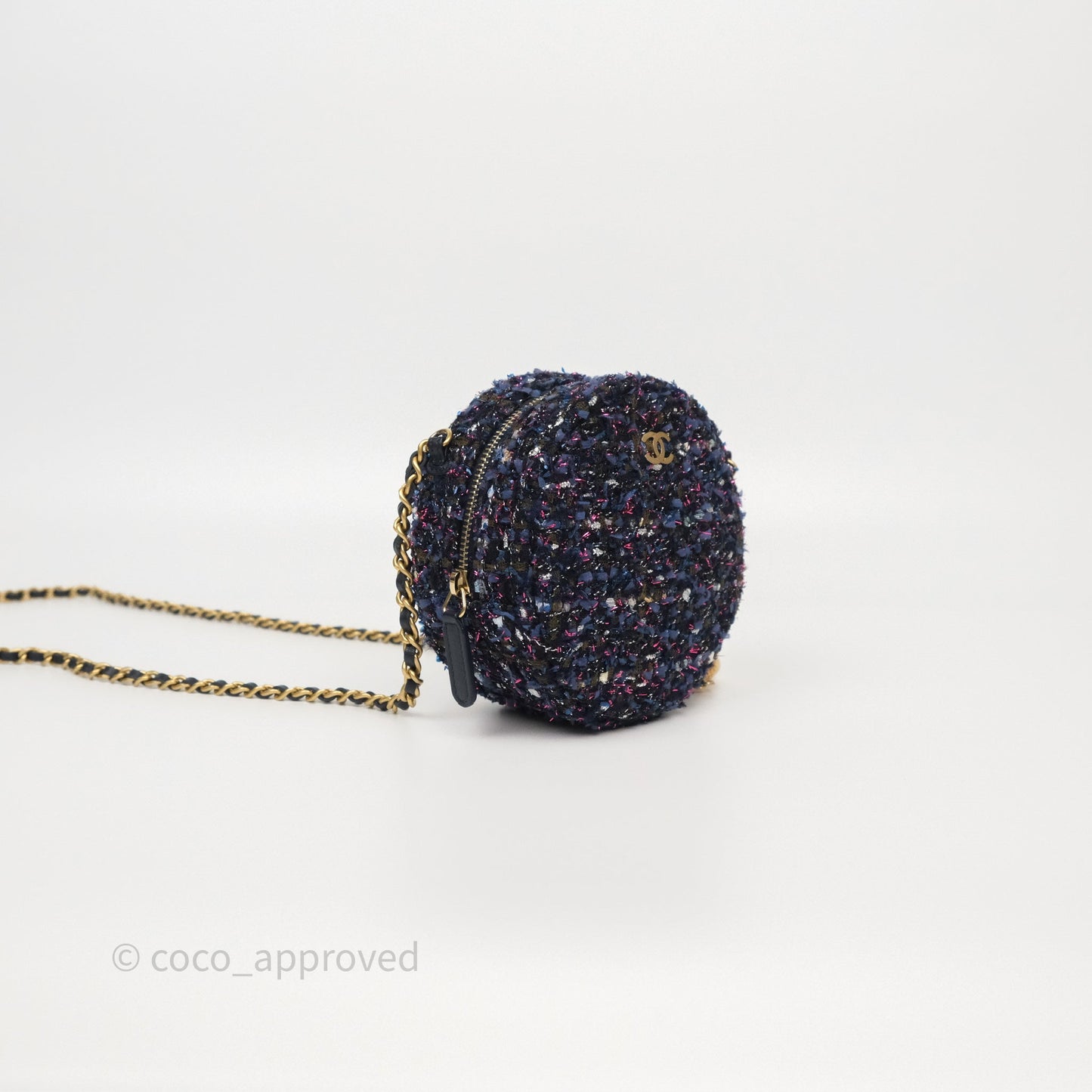 Chanel Charms Round Clutch With Chain Navy Purple Tweed Aged Gold Hardware