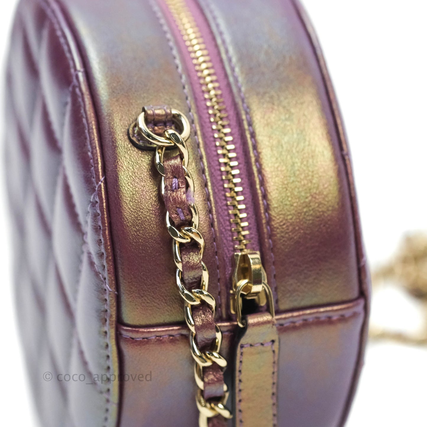 Chanel Classic Quilted Round Clutch With Chain Metallic Purple Lambskin Gold Hardware