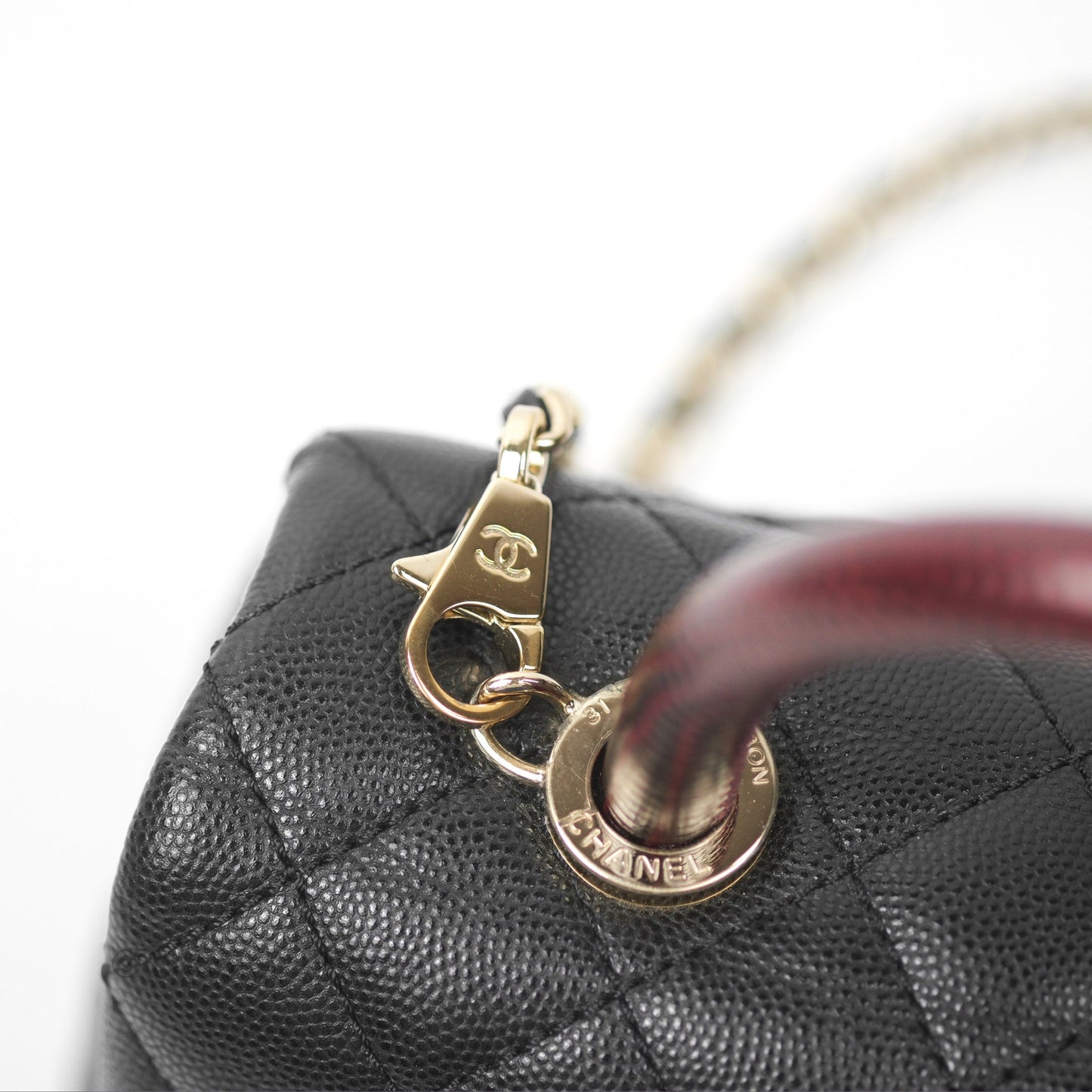 Chanel Small Coco Handle Black Caviar Gold Hardware Lizard Embossed Handle