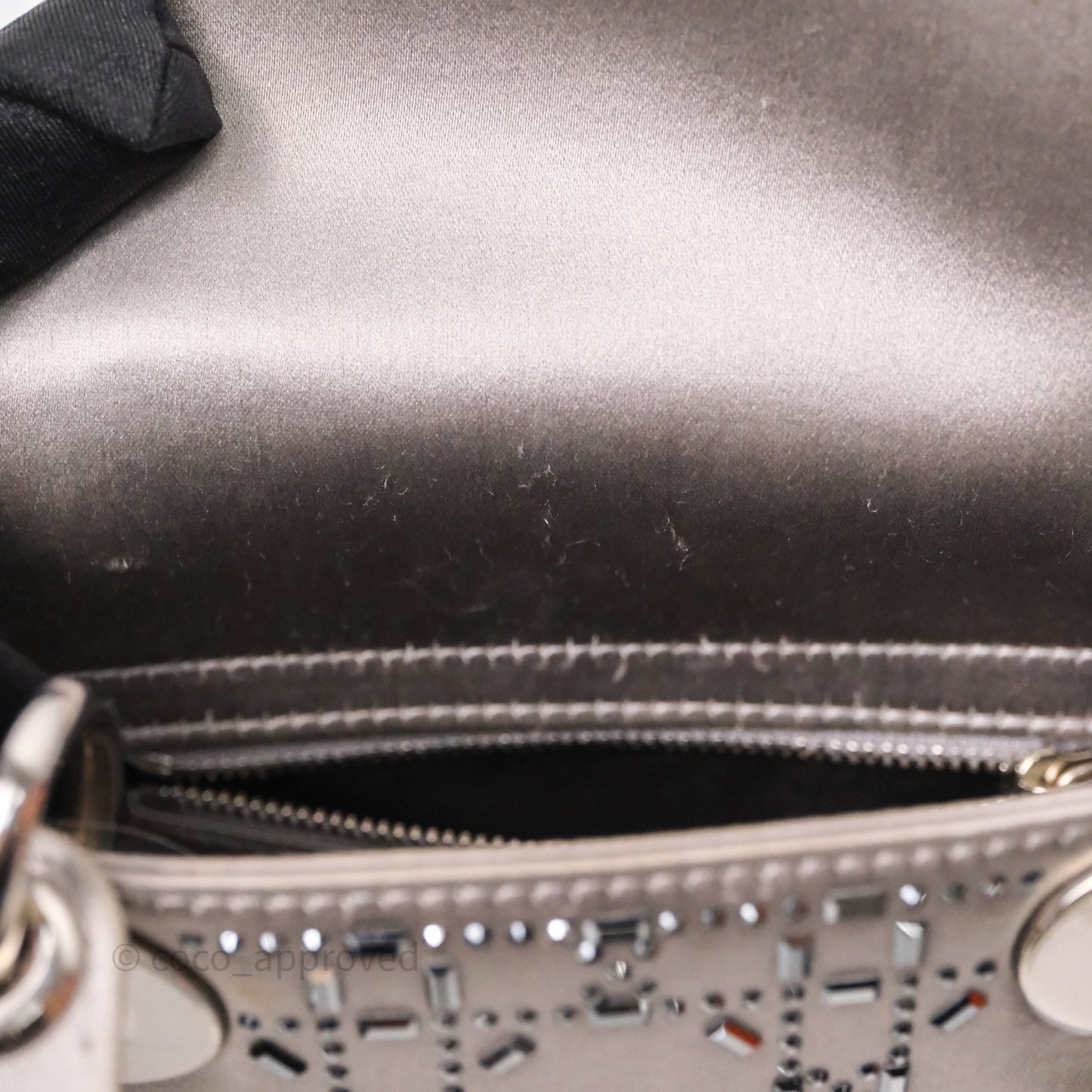 Christian Dior Mini Lady Dior Bag Grey Strass Cannage Satin Silver Hardware