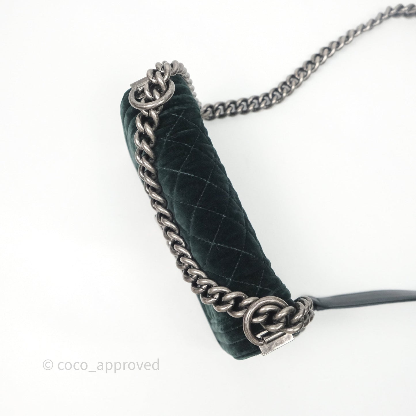 Chanel Small Boy Quilted Dark Green Velvet Ruthenium Hardware