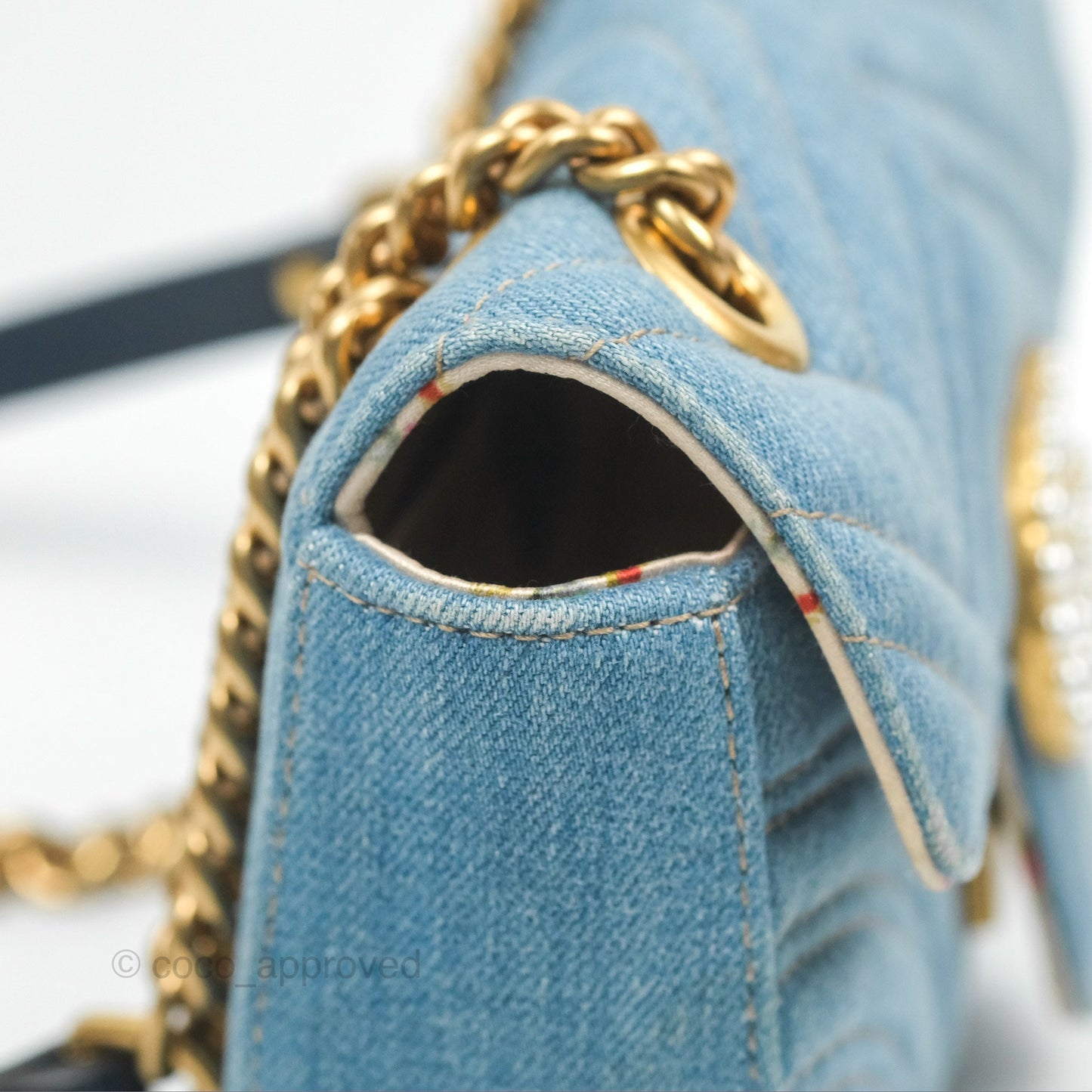 Gucci Mini Marmont Denim Pearl Gold Hardware