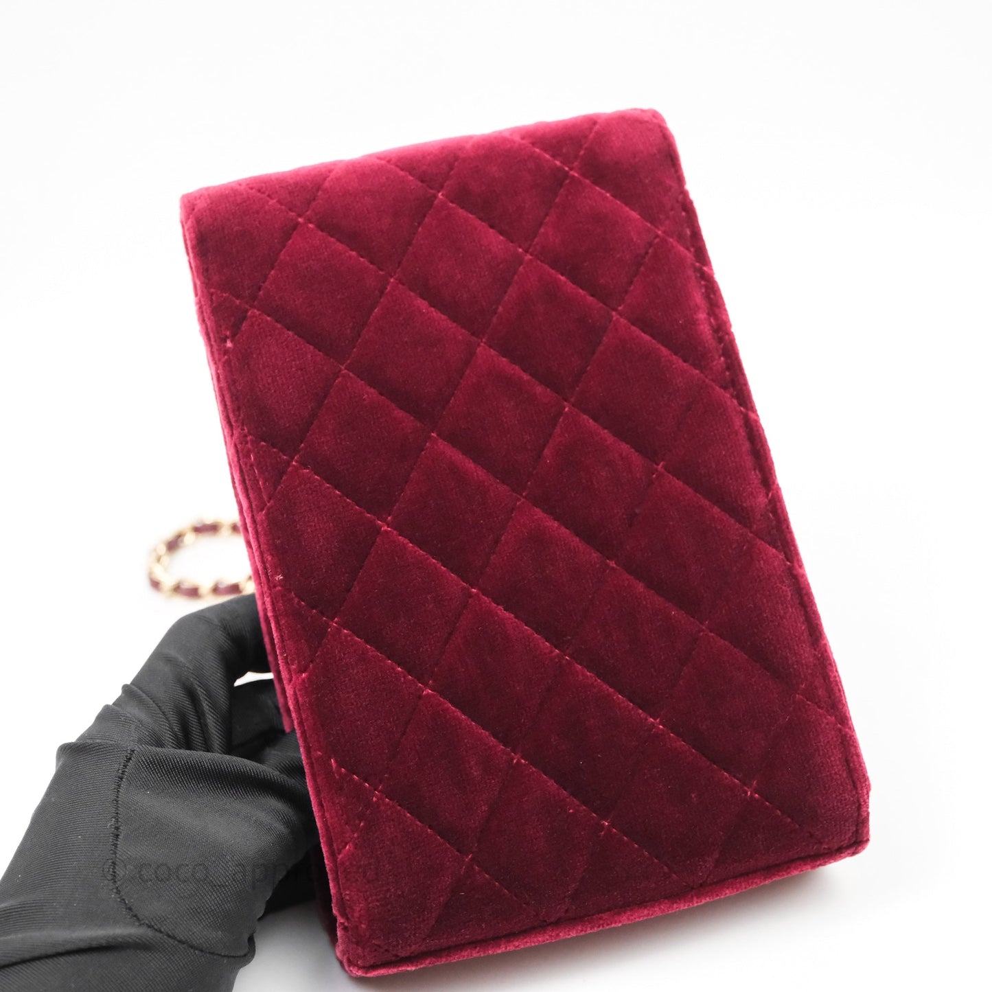 Chanel Quilted Phone Holder Crystals Pearl Crush Red Velvet Gold Hardware