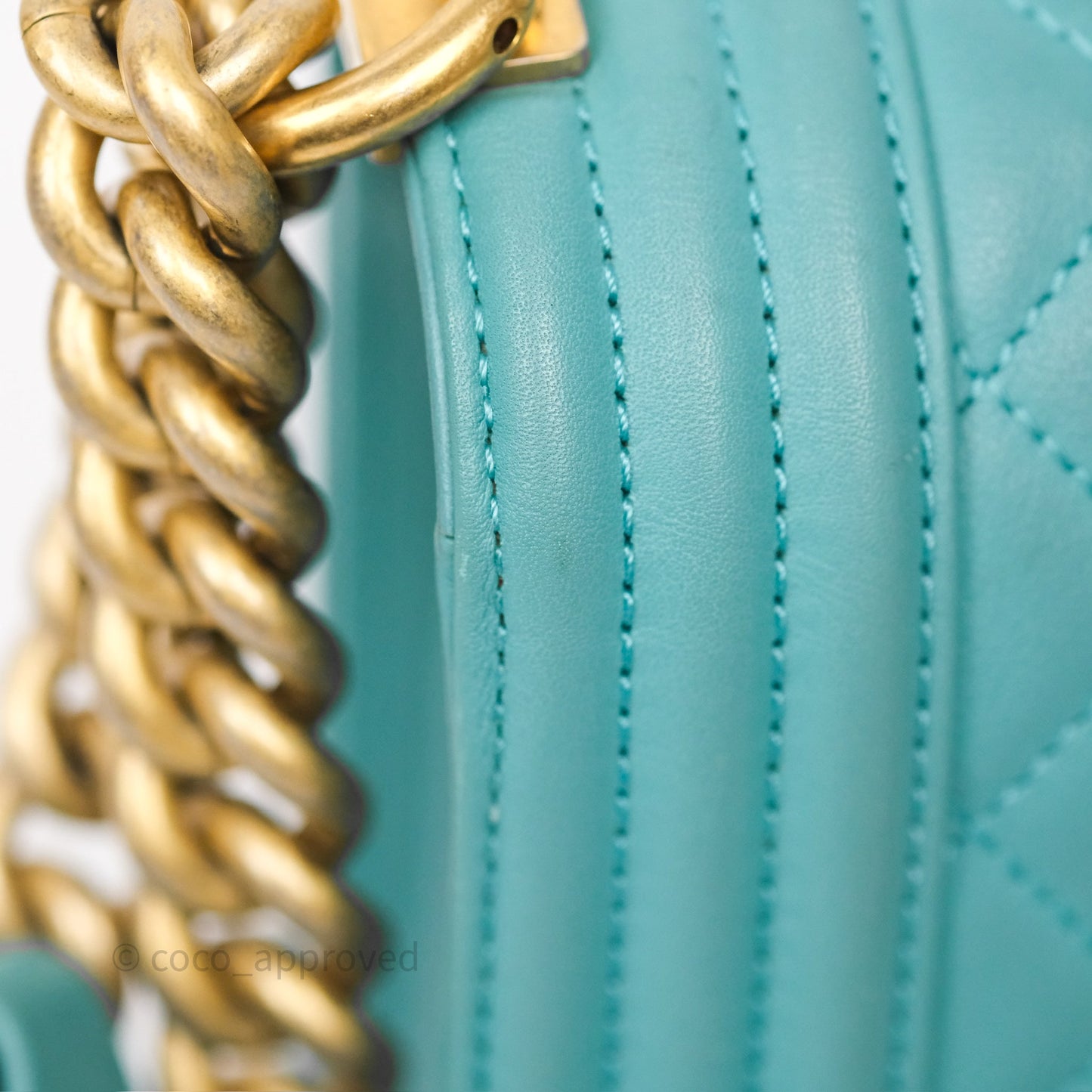 Chanel Medium Boy Quilted Turquoise Calfskin Aged Gold Hardware
