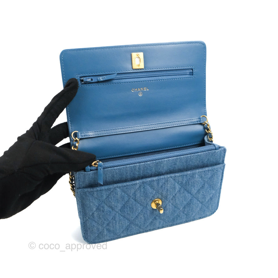Chanel Quilted Pearl Crush Wallet on Chain WOC Denim Aged Gold Hardware