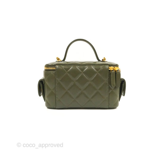 Chanel Cargo Pocket Top Handle Vanity with Chain Khaki Green Lambskin 22K