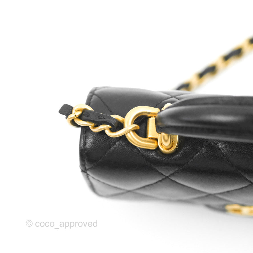 Chanel Mini Handle Flap Coin Purse With Chain Black Lambskin Gold Hardware