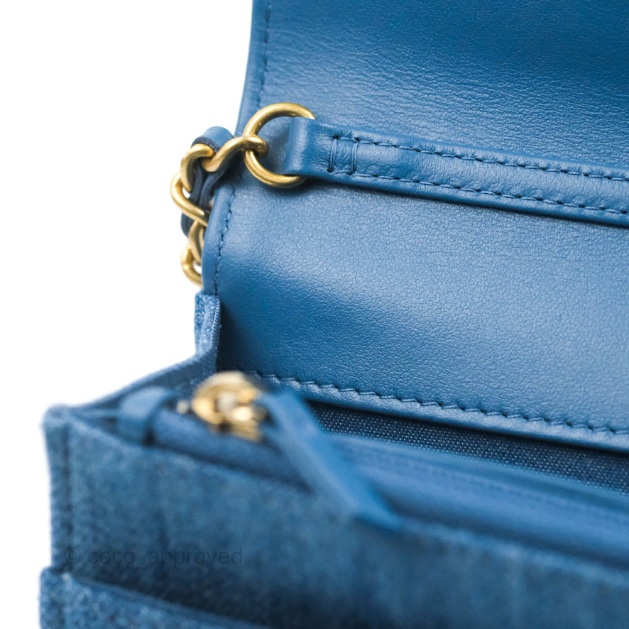 Chanel Quilted Pearl Crush Wallet on Chain WOC Denim Aged Gold Hardware