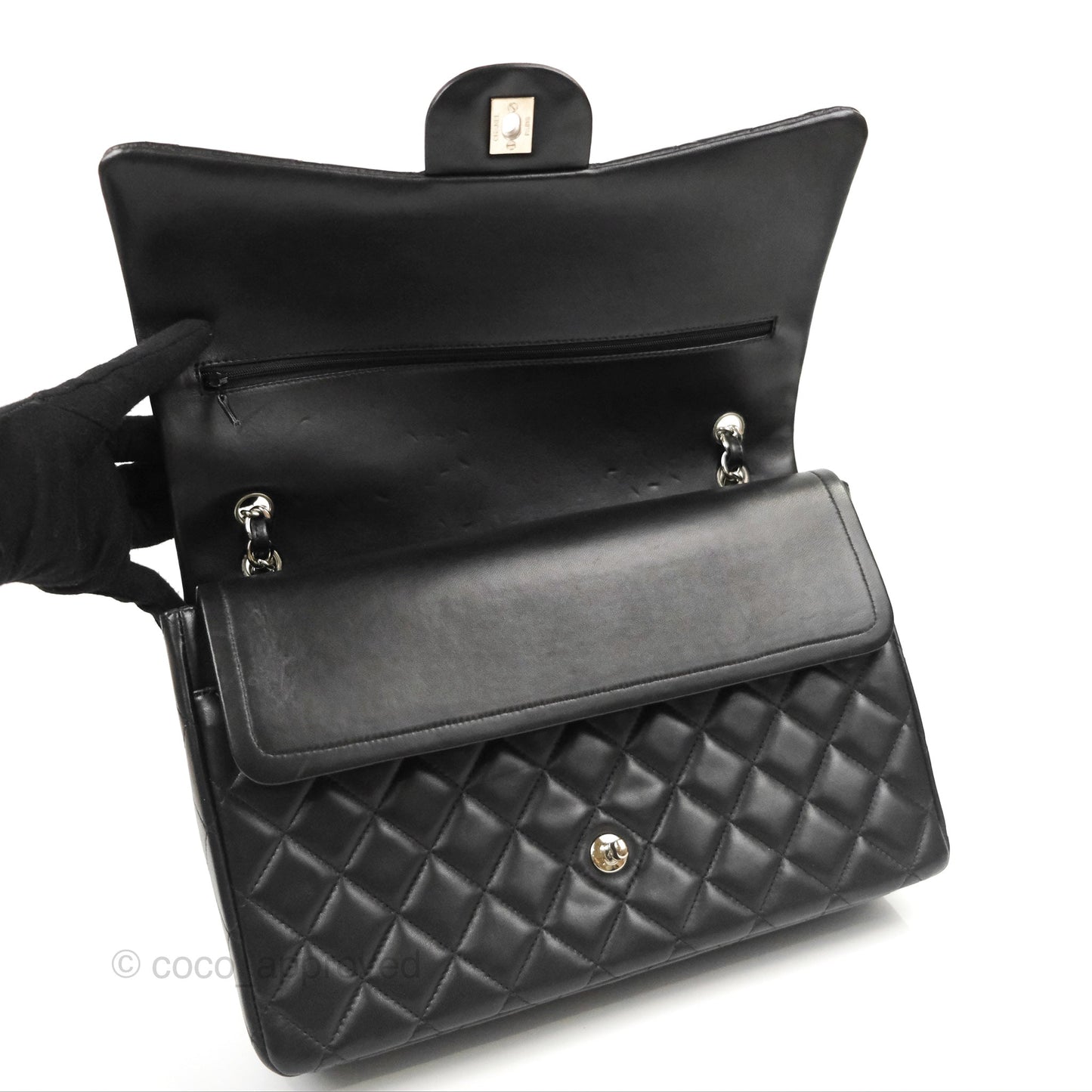 Chanel Quilted Maxi Double Flap Black Lambskin Silver Hardware