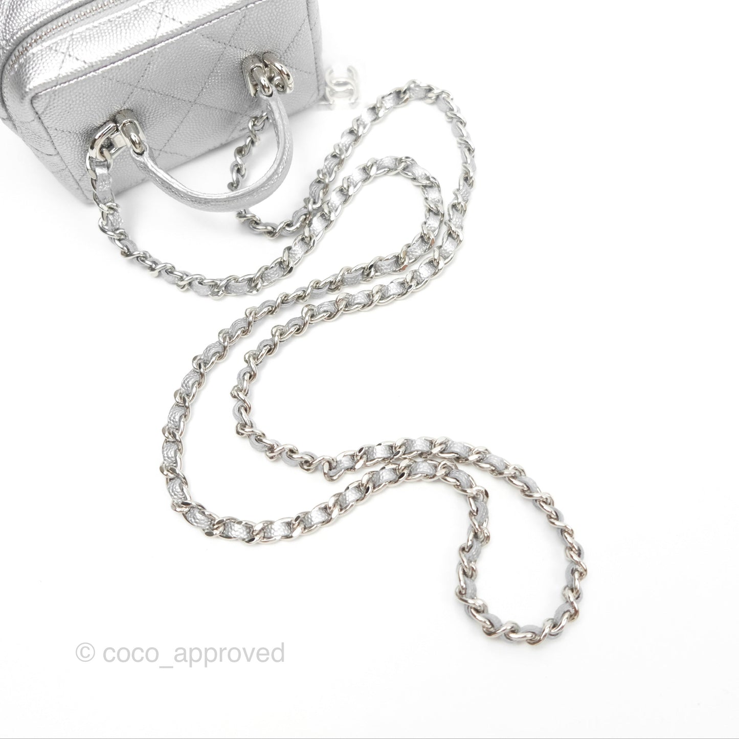 Chanel Quilted Mini Top Handle Vanity With Chain Metallic Silver Caviar Silver Hardware