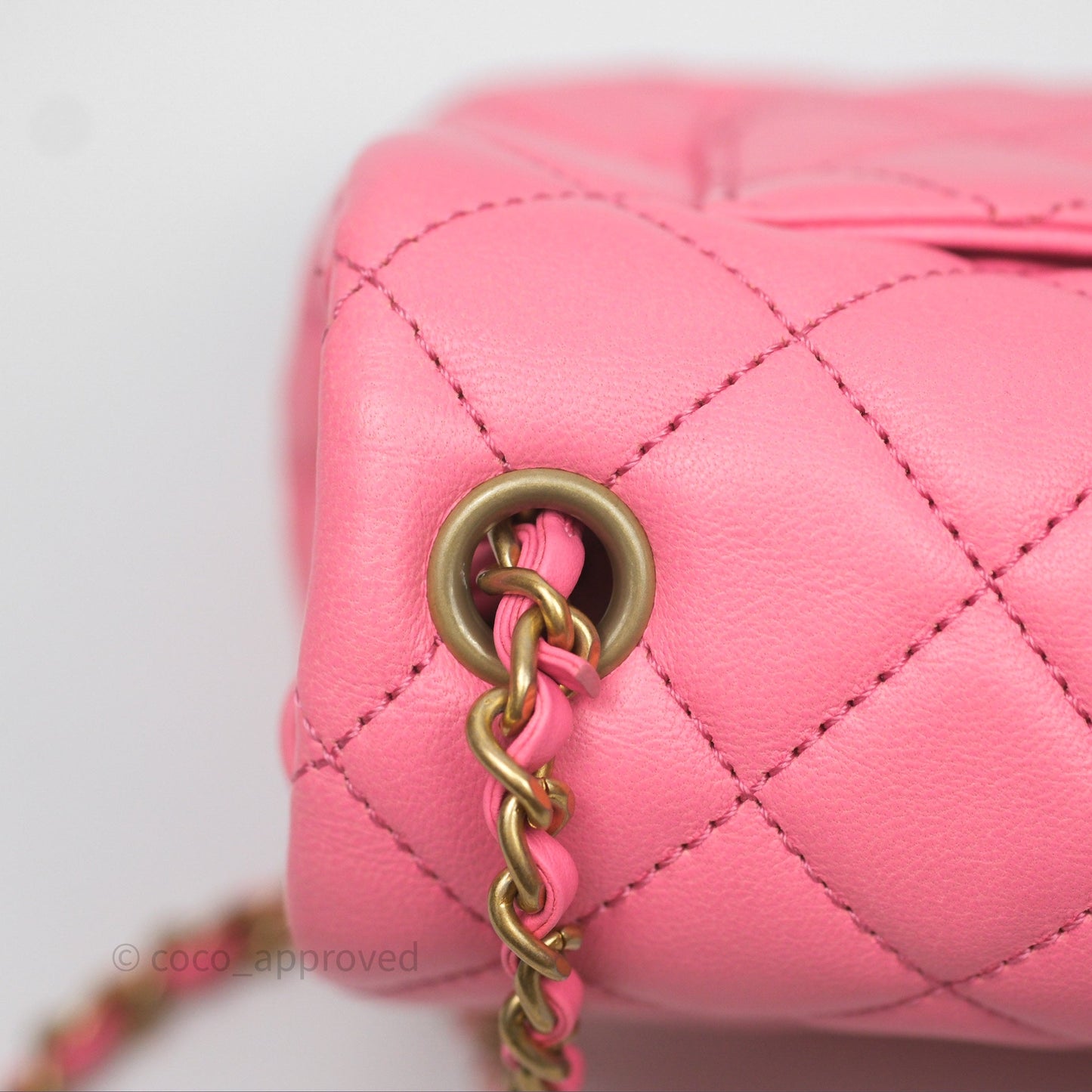 Chanel Mini Rectangular Pearl Crush Quilted Pink Lambskin Aged Gold Hardware