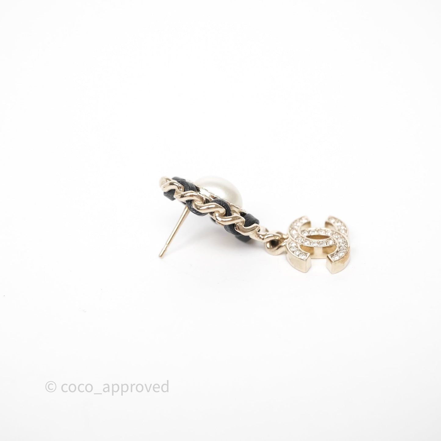 Chanel Oval Pearl Braided Black Leather Drop Crystal CC Earrings Gold Tone 21B