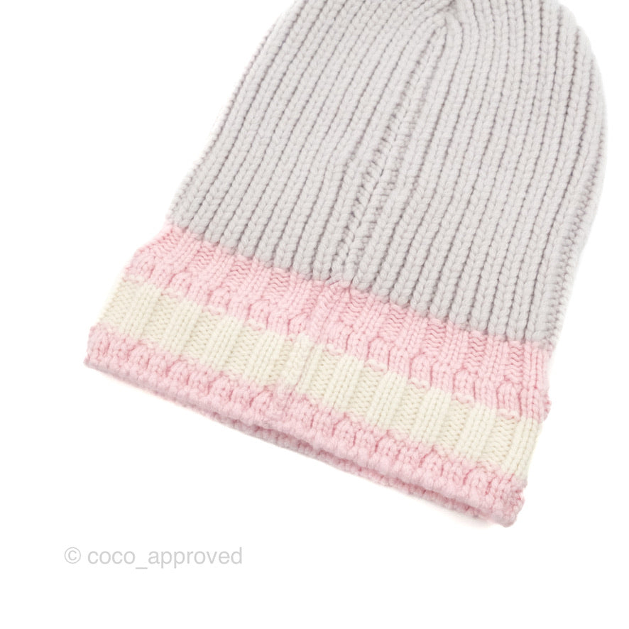 Chanel Cashmere CC Beanie Hat Light Grey / Light Pink / White