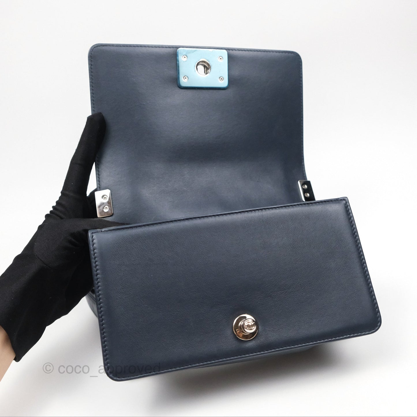 Chanel Small Chevron Boy Navy Calfskin Silver Hardware