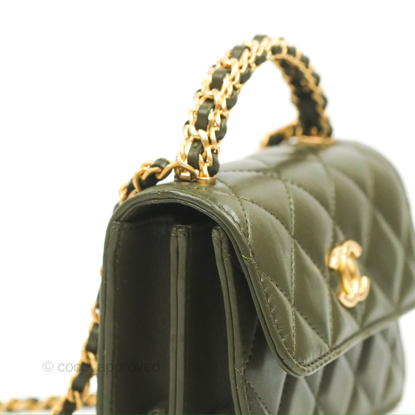 Chanel Top Handle Clutch With Chain Army Green Lambskin Aged Gold Hardware