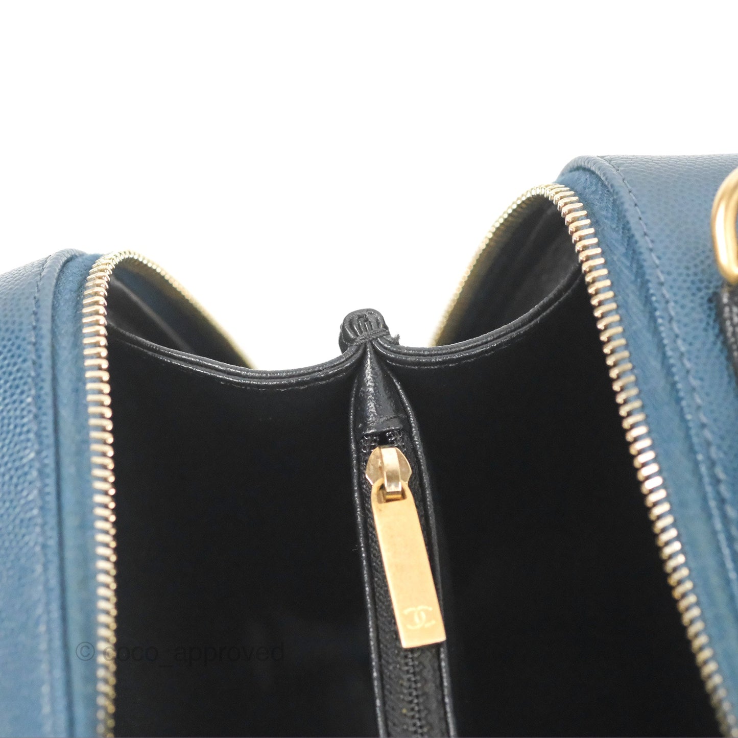 Chanel Quilted Medium CC Filigree Vanity Case Navy Black Caviar Aged Gold Hardware