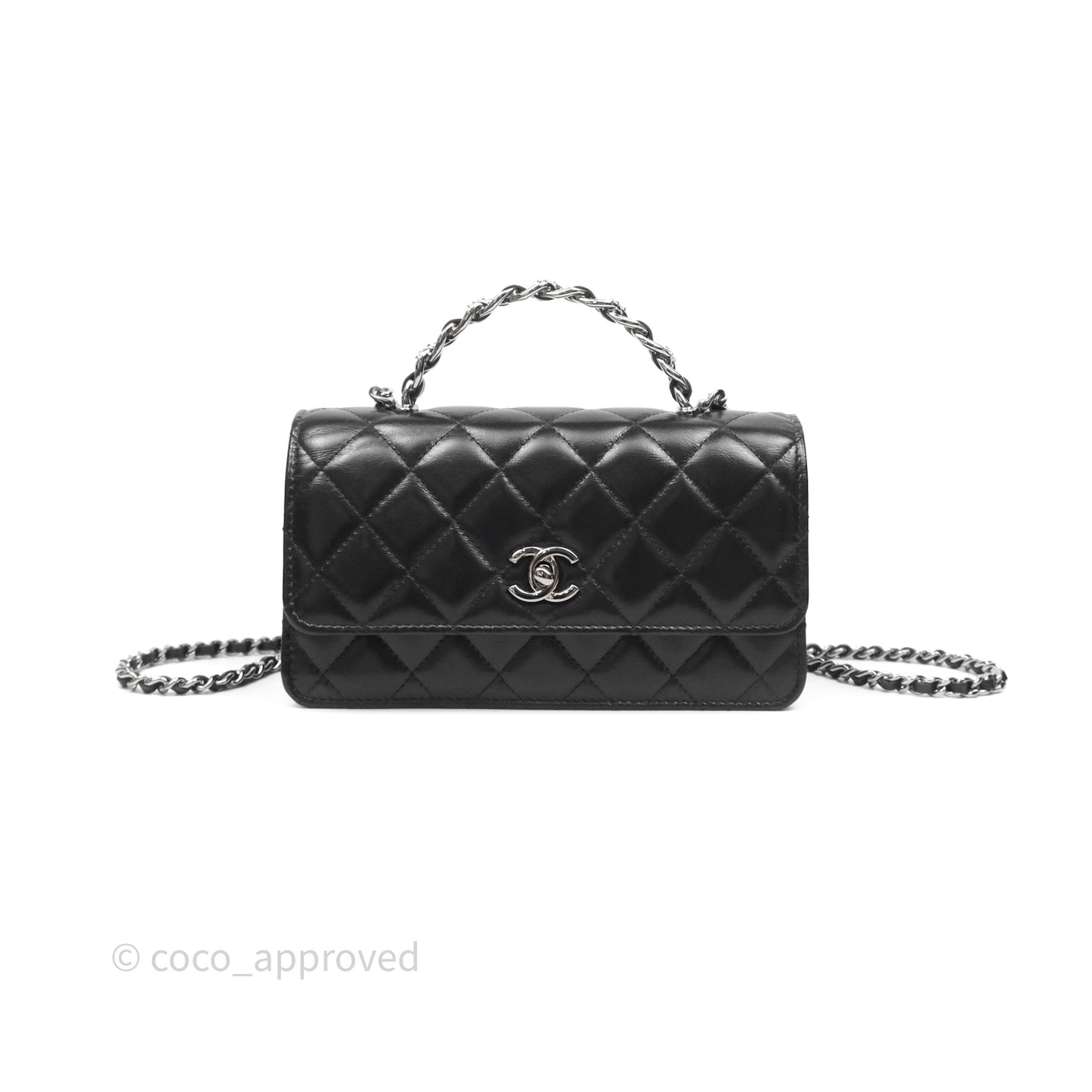 Chanel Mini Crystal Top Handle Wallet On Chain WOC Black Calfskin Gun Metal Hardware 23K